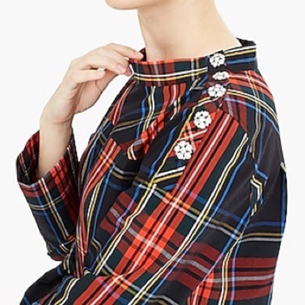 J.Crew Funnelneck Tartan Top w Jeweled Buttons